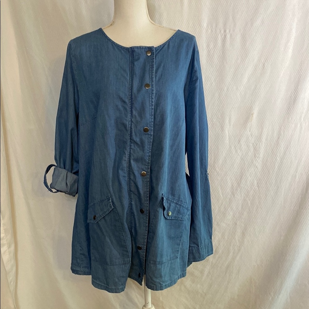 Agnes Orinda lightweight denim smock jacket 2x Roll Tab Sleeves Zip up